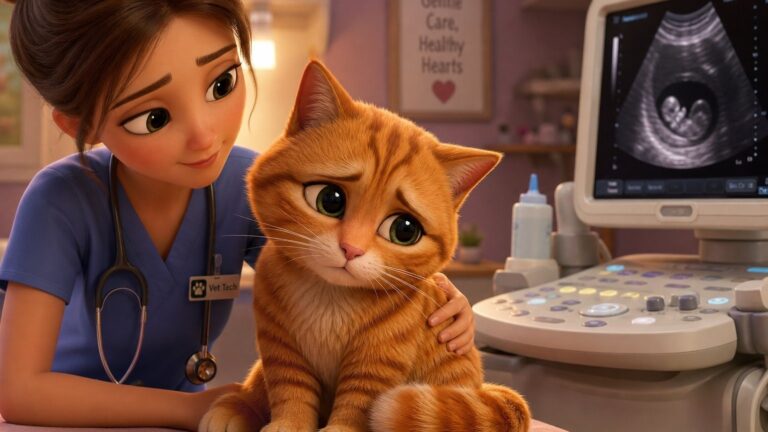 Заботливый осмотр кота в ветклинике возле монитора УЗИ, теплая успокаивающая атмосфера